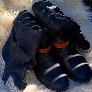 Knitted-Leather Calf Length Boots